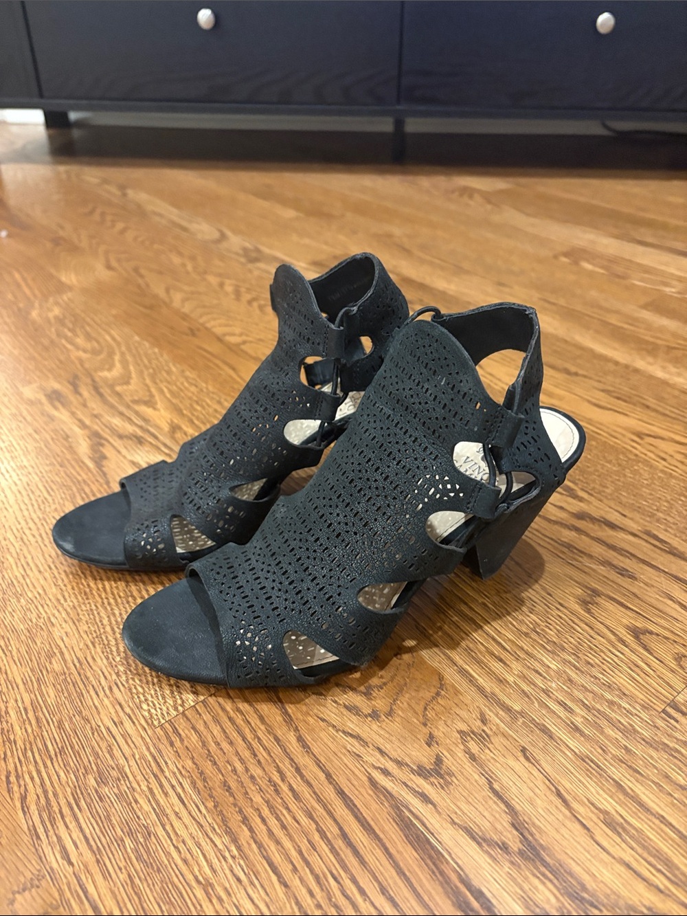 Vince Camuto Black Laser-Cut Block Heel Sandals